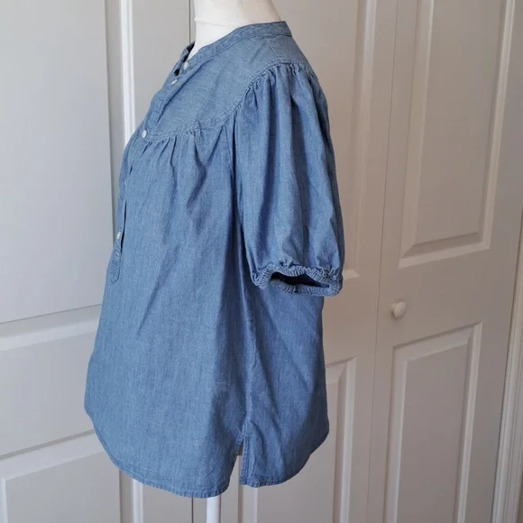 J.Crew Womens Preppy Chambray Puff Short Sleeve Button Down Tunic Blouse M - Picture 2 of 8